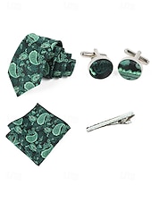 preiswerte Hochzeit ACC-Geschenkset für Herren aus Polyester mit Paisley-Muster: Krawatte, Manschettenknöpfe, Einstecktuch und Krawattenklammer – perfekt für Hochzeiten und als Geschenk.