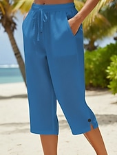 billiga Botten-Dam Shorts i bomullslinne Capribyxor Kinesiska Sommarshorts Streetwear Grundläggande Ledigt Vadlängd Medium Midja Slät Snörning Ficka Bekväm Elastisk Dagligen Utomhus Gata Blå Vit Rodnande Rosa Orange