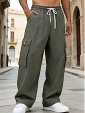 baratos Cargo Pants-Men's Cargo Pants Trousers Baggy Pants Drawstring Elastic Waist Multi Pocket Solid Color Windproof Comfort Knee Length Daily Outdoor Holiday Vacation Streetwear Army Green Apricot Inelastic