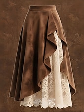 abordables Faldas-Mujer Vintage Moda Casual Maxi Alta cintura Faldas Plano Encaje Retazos Rígido Microelástico Diario Calle Marrón Primavera