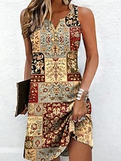 cheap Boho Dress-Women's Mini Dress Shift Dress Sundress Summer Dress Off The Shoulder Dress Vacation Casual Daily Holiday Going out Regular Fit Floral Graphic Tribal Sleeveless V Neck Blue Yellow Purple Summer Spring