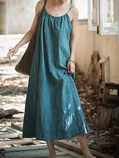 cheap Premium Linen Collection-Women's Midi Dress Cotton Linen Dresses Shift Dress Sundress Slip Dress Vintage Fashion Daily Outdoor Vacation Loose Fit Plain Sleeveless Straps Blue Teal White Yellow Summer Spring