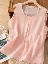 Недорогие Основные искусственные рубашки-Жен. Летние вершины Блуза Искусственный хлопок и лен Рюши Пэчворк Вышивка Сплошной цвет Элегантный стиль Дамы Стиль Без рукавов U-образный вырез Обычные топы Повседневные Офис На выход