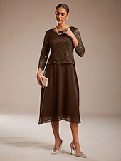 economico Abiti in chiffon-Per donna Abito Midi Vestito in Chiffon Abito a trapezio Elegante Ospite di nozze Cocktail party Allacciato Paillettes Vestibilità regolare Tinta unica Manica 3/4 Girocollo Caffè