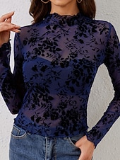 economico Top in Pizzo-Per donna Blusa Rete Floreale Elegante Manica Lunga Collo Alto Top Regolari Quotidiano Ferie Uscire Nero Blu marino Estate Primavera