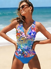 abordables Tankinis-Traje de baño mujer tankini de 2 piezas moldeador con fruncidos cortos atados espalda descubierta vacaciones playa ombre floral escote en V sin mangas