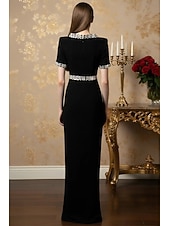 ieftine Rochii de seară tip sheath-Coloană Teacă Lungime Podea Rochie formala Rochie de seara Rochii de seara Elegant Epocă Rochie Neagră Mică Manșon scurt Stil Nautic Nuntă Oficial Polyester cu Detalii Cristal Mărgele