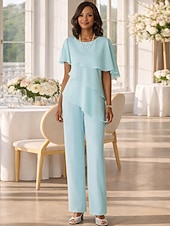 baratos Terninhos de calça da mamãe-Duas Peças Terninho Longo Vestido Para Mãe dos Noivos Manga Curta Decorado com Bijuteria Elegante Tamanhos Grandes Convidado do casamento Chiffon com Babados em Cascata