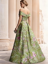  Linha A Longo Vestidos de noite Vestido de baile com sobressaia Vestido formal Elegante Estilo Celebridade Sedoso Sem Manga Ombro a Ombro Festa de Jardim Casamento Jacquard com Pregas