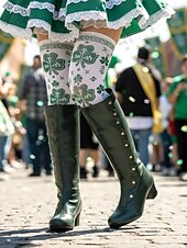 cheap St. Patrick's Day-Women's Green Knee-High Boots with Button Detail – Stylish and Vintage Heeled Footwear for St. Patrick's Day Parades, Festivities and Celebrations