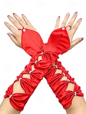 baratos Acessórios-Luvas de cetim de poliéster femininas do Mardi Gras em várias cores design elegante com detalhes em pérolas perfeitas para carnaval e bailes de máscaras