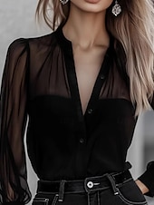 Недорогие Нарядные блузки-Жен. Рубашка Elegant Атласный верх Блуза Пэчворк Сетка Полотняное плетение Стиль Длинный рукав V-образный вырез Обычные топы Повседневные Праздники На выход Черный Лето Весна