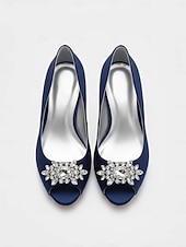 cheap Mother of Bride/Groom-Women's Navy Blue Peep-Toe Flats with Rhinestone Embellishments – Elegant Satin Shoes for Weddings, Parties, and Formal Events