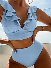 abordables Traje de baño de mujer-Mujer Bañadores 2 piezas Pícaro Traje de baño Volante Espalda al Aire Vacaciones Ropa de playa Plano Escote en Pico Sin Mangas Trajes de baño