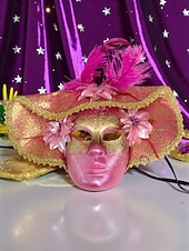 billiga Tillbehör-Kvinnors röd- och guldvenetiansk karneval Mardi Gras mask med fjädrar och blommiga detaljer – Perfekt för Mardi Gras och maskeradfester
