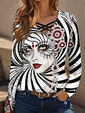 tanie Odzież damska na karnawał-Karnawał Mardi gras Damskie Podkoszulek Z wycięciem Nadruk Graficzny Abstrakcja Zabytkowe Elegancki Klasyczny Długi rękaw W serek Zwykłe topy Codzienny Czarny Zielony Wiosna Jesień