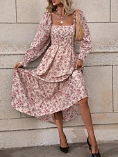 voordelige Bloemenjurken-Dames Maxi-jurk A lijn jurk Casual Dagelijks Normale pasvorm Bloemig Grafisch Lange mouw Vierkante hals Zwart Blozend Roze Lente Herfst