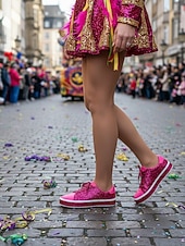 billiga Kvinno skor-Damsneakers med rosa glitter och snörning – glittrande platåskor för vardagsbruk, karneval, festivaler och fester