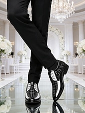 ieftine Pantofi derby-Pantofi Oxford bărbătești din piele lăcuită, alb-negru, cu model geometric - pantofi eleganți clasici pentru ocazii formale și nunți
