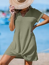 cheap Beach Dresses-Women's Swimwear Cover Up Swim Dress Swimsuit Knitted Vacation Beach Wear Solid Color V Neck Short Sleeves Bathing Suits