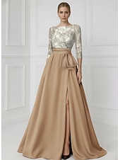 economico Abiti da Sera a Linea A-Linea ad A Lunghezza al pavimento Perline ricamate Abito Formale Abito da madre della sposa Abito da Sera Elegante Spacco Alto Manica 3/4 Girocollo Matrimonio Formale Raso Con Paillettes con