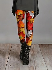 economico -Women's Leggings Cozy Leggings Vacation Casual Full Length High Waist Graphic Leaf Printing Comfort Comfortable Stretchy Casual Daily Vacation Orange Spring Fall Skinny