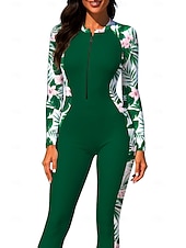 abordables Rash Guards Une Pièce-Femmes Moyen Maillot Anti UV Rashguard intégral Combinaison de surf une pièce Floral Tropical Zip Up avec soutien-gorge intégré ​fermeture éclair sur le devant Protection Solaire UV Couvrant UPF50+