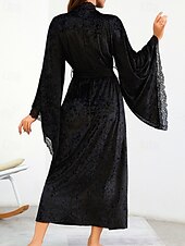 cheap Women's Onesies-Women's Robe Casual Soft Satin Pure Color Lace Patchwork Daily Home Bed Long Sleeve V Neck Black White Wine Summer Spring Loose Fit