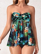 economico Tankini-Costume da bagno a due pezzi da donna tankini con ferretto culotte sgambate controllo pancia vita alta slim schiena scoperta vacanza mare senza spalline floreali senza maniche