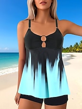 お買い得  タンキニ-ウィメンズ タンキニ 2ピース 水着 ショーツ お腹引き締め ハイウエスト スリム バックレス バケーション ビーチウェア グラデーション Uネック ノースリーブ 水着