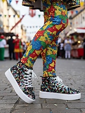 cheap Women's Shoes-Women's Mardi Gras Black Colorful Sequin High-Top Sneakers – Trendy Festival Shoes for Carnival, Parades and Street Parties
