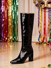 tanie Buty damskie-Wysokie botki z czerwonego lakierowanego syntetycznego materiału na obcasie blokowym – odważne i błyszczące obuwie na karnawał imprezy i uroczystości