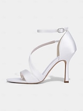 baratos noiva-Sandálias de noiva elegantes com tiras finas e salto agulha no tornozelo, sapatos de casamento de salto alto com bico aberto para noivas, salto minimalista branco para cerimônia.