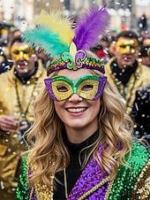 levne Příslušenství-Dámská souprava masky a čelenky na karneval Mardi Gras z polyesteru s flitry – živé barvy s peřím ideální pro karneval a maškarní večírky