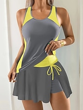 economico Tankini-Per donna Costumi da bagno Tankini Due pezzi Gonna Costume da bagno Coulisse Controllo della Pancia Vita alta Snello Senza schiena Vacanza Abbigliamento da Spiaggia Tinta unica Collo a U Senza Maniche