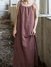 cheap Premium Linen Collection-Women's Midi Dress Cotton Linen Dresses Shift Dress Sundress Slip Dress Vintage Fashion Daily Outdoor Vacation Loose Fit Plain Sleeveless Straps Blue Teal White Yellow Summer Spring