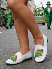  Naisten valkoiset flyknit-pohjalliset loaferit - hengittävät ja kevyet kengät sateenkaari- ja apilankuviolla, täydelliset Pyhän Patrickin päivän juhliin, päivittäisiin asioihin, sisätilaisuuksiin ja kevätretkiin