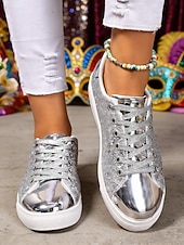 お買い得  女性の靴-ウィメンズ・マルディグラ・ゴールドグリッターのスパークリースニーカー、メタリックトーキャップ付き – カーニバル、ニューイヤーズイブ  カジュアルグラム用のブリングレースアップフラットシューズ