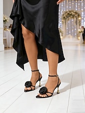 Χαμηλού Κόστους Καλεσμένος γάμου-Γυναικεία μαύρα σανδάλια με ροζ τακούνι - κομψά φλοράλ ψηλοτάκουνα με χρυσές λεπτομέρειες, κομψά παπούτσια για εκλεπτυσμένους γάμους στην πόλη