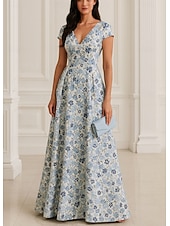 cheap A-Line Evening Dresses-A-Line Floor Length Evening Gown Elegant Floral Short Sleeve V Neck Wedding Formal Jacquard with Floral Print Pleats