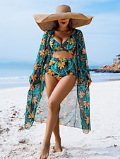 economico Set bikini 3 pezzi-Costume da bagno tre pezzi bikini da donna palme controllo della pancia snella senza schienale abbigliamento da spiaggia floreale foglie scollatura a V senza maniche