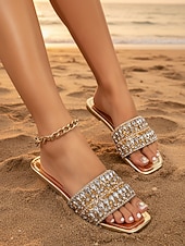 billiga Kvinnor-Damsandaler med strass – glittriga, pärlbesatta platta slip-on-skor för strandsemestrar, sommarfester, resortkläder och eleganta vardagskläder
