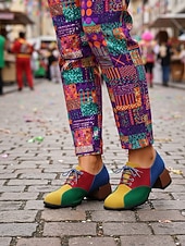 billige Damesko-Flerfargede oxfordsko med blokkhæl til dame – retro pumps med snøring i fargeblokker for karnevalskostymer, klovner og funky hverdagsklær