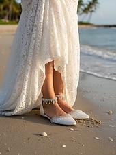 preiswerte Braut-Weiße Hochzeits-Ballerinas für Damen – elegante Brautschuhe mit Strass-Fesselriemchen für Bräute und formelle Anlässe