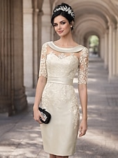 economico Lunghezza del tè-Sheath Column Knee Length Party Dress Cocktail Dress Wedding Guest Dress Mother of the Bride Dress Short Sleeve Jewel Neck Elegant Vintage Wedding Guest Satin Lace with Appliques