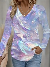 abordables Camiseta a rayas y geométrica-Mujer Camiseta Estampado Floral Graphic Plantas Vintage Moda Elegante Manga Larga Escote en Pico Tops regulares Diario Negro Morado Dorado Primavera Otoño Invierno