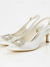 tanie Panna młoda-białe ślubne buty na obcasie typu slingback dla panny młodej – eleganckie buty ślubne ze spiczastym noskiem i klamrą z kryształkami