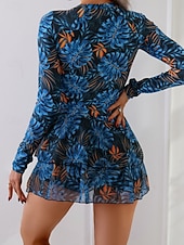 billiga Tankinis-Dam Badkläder Tankini 2 st Kjol Baddräkt Magkontroll Hög midja Smal Elegant Semester Blommig Rund hals Långärmad Baddräkter