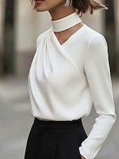 preiswerte Einfache Blusen-Damen Satinhemd Kleidhemd Bluse Gerafft Einfarbig Elegant Mode Basic Langarm Stehkragen Normale Oberteile Täglich Arbeit Weiß Frühling Herbst Winter