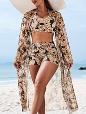 billige Bikinisett med 3 deler-Kvinners Bikini 3 Delt Badedrakt Shorts Slim Ryggløs Ferie Strandtøy Blomster Halter Hals Ermeløs Badedrakt